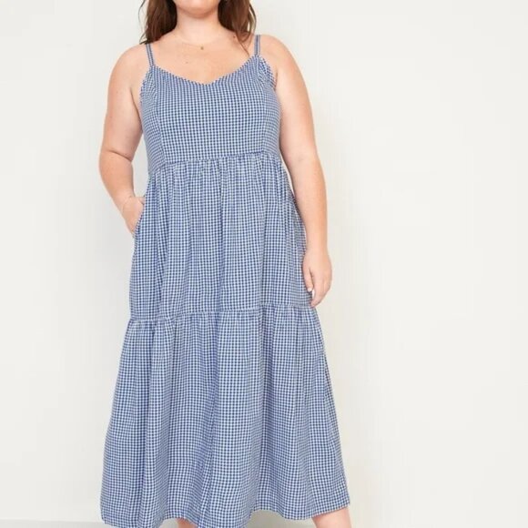 Old Navy Blue Gingham Tiered Dress Sundress Classic Picnic Pockets size XL TALL - Picture 1 of 7